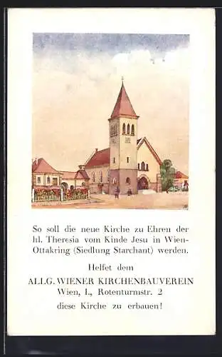 Künstler-AK Wien, Ottakring, Siedlung Starchant, Theresia-Kirche, Baustein