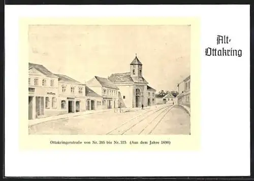 Künstler-AK Wien, Alt-Ottakring, Ottakringerstrasse von Nr. 205 bis Nr. 215 mit Kirche 1890