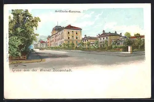 Lithographie Wien, Strassenpartie an der Artillerie-Kaserne