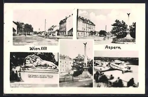 AK Wien, Aspern, Kriegerdenkmal mit Löwen, Siegesplatz mit Säule, Flugzeuge