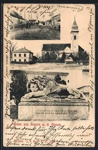 AK Wien-Aspern, Kriegerdenkmal, Strassenpartie mit Kirche