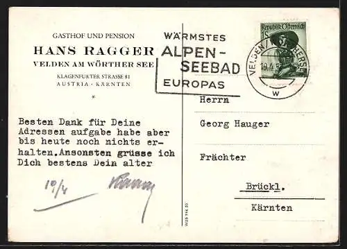 AK Velden am Wörthersee, Hotel-Pension von Hans Ragger, Klagenfurter Strasse 81