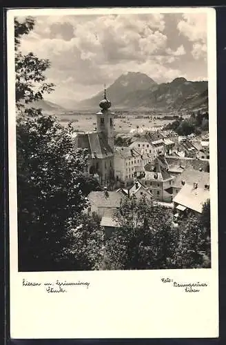 AK Liezen /Stmk., Ortsansicht mit Kirche und Grimming
