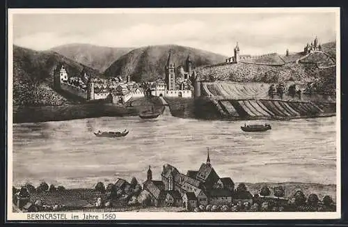 Künstler-AK Berncastel, Teilansicht im Jahre 1560