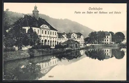 AK Carlshafen, Partie am Hafen mit Rathaus und Schule