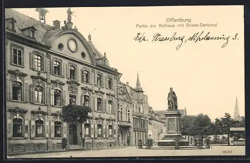 AK Offenburg, Rathaus mit Drake-Denkmal