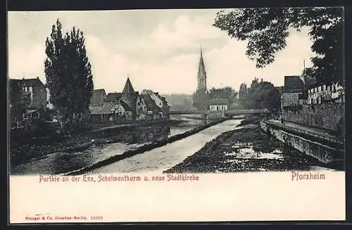 AK Pforzheim, Partie an der Enz, Schelmenturm und neue Stadtkirche