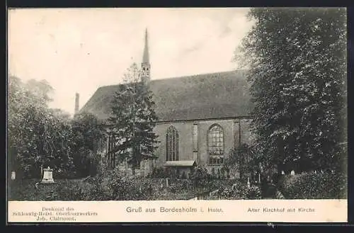 AK Bordesholm i. Holst., Alter Kirchhof mit Kirche und Denkmal des Schleswig-Holst. Oberfeuerwerkers Joh. Clairmont