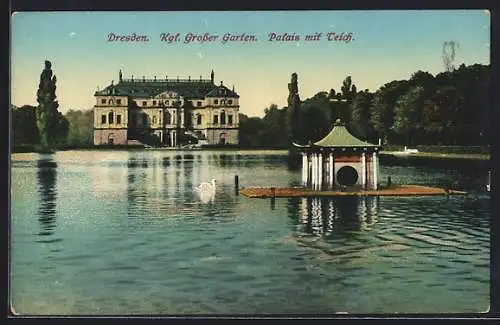 AK Dresden, Grosser Garten, Palais mit Teich