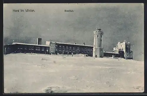 AK Brocken, Gebäude und Turm im Winter