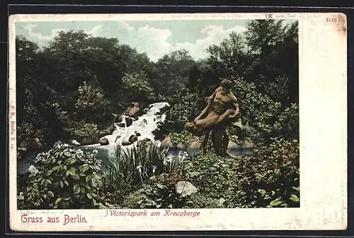 AK Berlin-Kreuzberg, Victoriapark, Wasserfall und Seejungfrau-Statue
