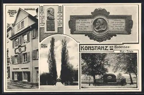 AK Konstanz, Hus-Allee, Hus-Haus, Abbild aus Stein von Hus