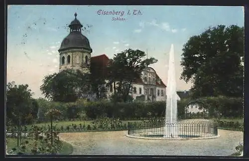 AK Eisenberg / Thür., Schloss, Parkpartie mit Fontäne
