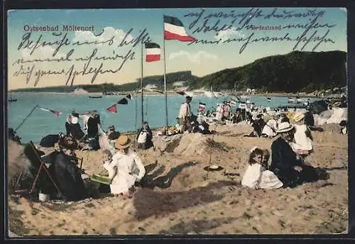 AK Möltenort /Ostsee, Strandleben mit Fahnen