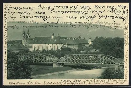 AK Corvey, Blick über die Brücke zum Ort