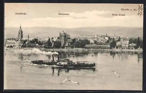 AK Eltville, Panorama mit Stadtkirche u. Burg Crass