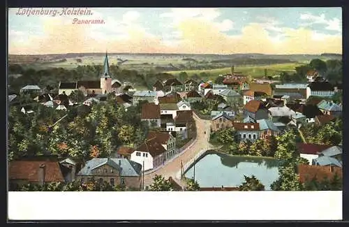 Künstler-AK Lütjenburg /Holstein, Panorama mit Kirche und Strassenpartie