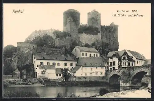 AK Runkel, Partie am Wehr mit Brücke & Schloss