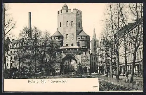 AK Köln a. Rh., Strassenpartie mit Geschäften und Severinstor