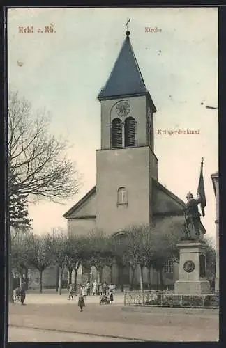 AK Kehl, Kriegerdenkmal mit Kirche und Personen