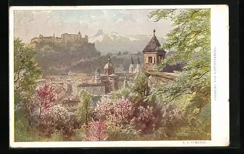 Künstler-AK Edward Theodore Compton: Salzburg, Teilansicht mit Festung Hohensalzburg vom Kapuzinerberg