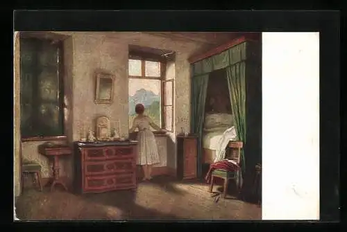Künstler-AK Moritz von Schwind: Mädchen schaut zur Morgenstunde aus dem Fenster