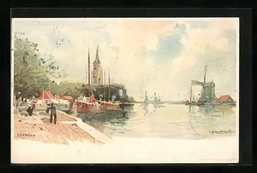 Künstler-AK H. Cassiers: Zaandam, Hafenpartie mit Schiffen