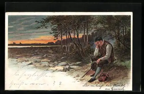 Künstler-Lithographie E. Döcker: Wanderer sitzt niedergeschlagen am Waldrand