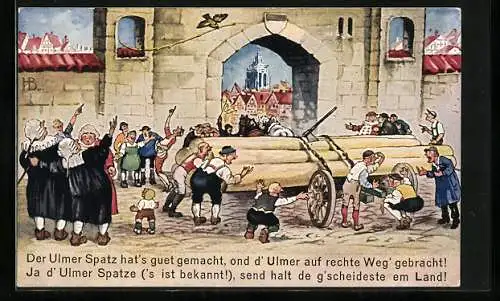 Künstler-AK Hans Boettcher: Ulm, Geschichte des Ulmer Spatzen