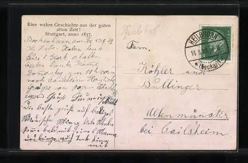 AK Stuttgart, Szene am Brunnen aus 1837