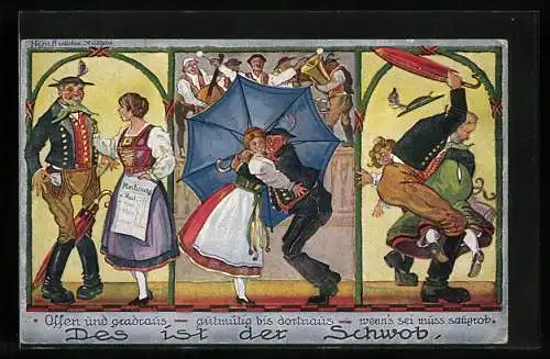 Künstler-AK Hans Boettcher: Schwabenpaar umarmt sich unterm Schirm