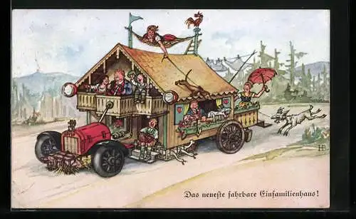 Künstler-AK Hans Boettcher: Fahrbares Einfamilienhaus mit Bewohnern