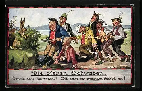 Künstler-AK Hans Boettcher: Das Märchen von den sieben Schwaben, Schwaben halten einen langen Speer gegen einen Hasen