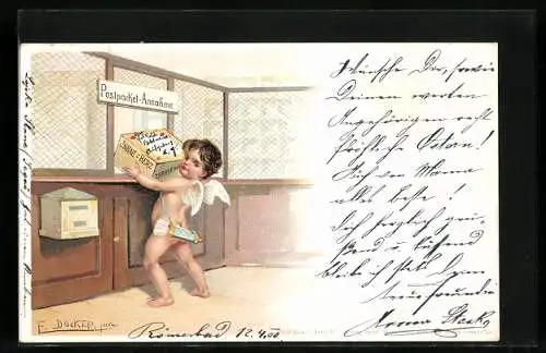 Künstler-AK E. Döcker: Amor bringt Paket zur Post