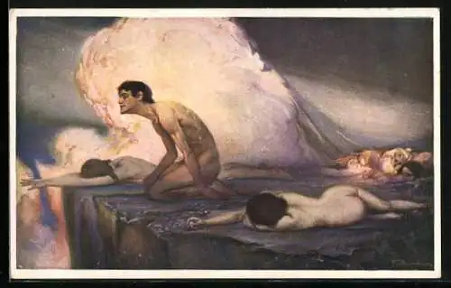 Künstler-AK Ludwig Fahrenkrog: Sehnsucht, Nackte Frauen und Mann auf einem Felsen