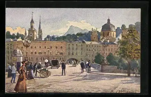 Künstler-AK Hans Götzinger: Salzburg, Stadtbrücke mit Untersberg
