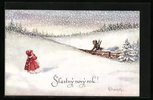 Künstler-AK Elly Frank: Neujahr, Kleiner Schornsteinfeger im Schnee