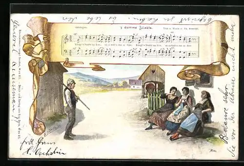 Künstler-AK E. Döcker: Frauen amüsieren sich über einen Bauern. Lied vom dummen Bauern