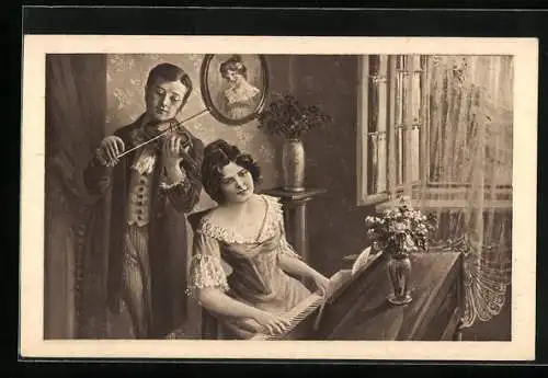 Künstler-AK Fr. Klimes: Paar mit Geige und Klavier beim Hauskonzert