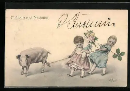 Künstler-AK Wichera: Neujahr, Kinder mit Klee und Glücksschwein