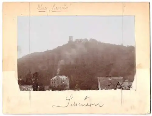 Fotografie Buss & Kupfer, Bad Kreuznach, Ansicht Scheuern b. Nassau, Blich aus dem Ort nach der Ruine Burg Nassau