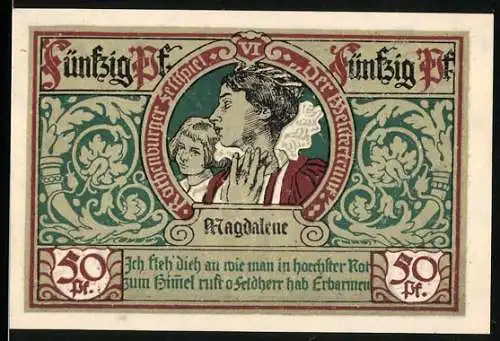 Notgeld Rothenburg ob der Tauber, 1921, 50 Pf, Magdalene mit Inschriften und Wappen, Stadtwappen mit Figuren