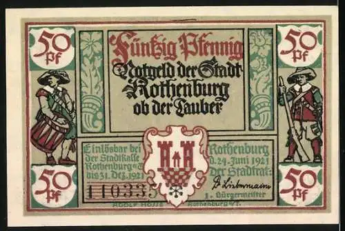 Notgeld Rothenburg ob der Tauber, 1921, 50 Pf, Magdalene mit Inschriften und Wappen, Stadtwappen mit Figuren