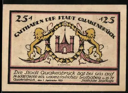 Notgeld Quakenbrück 1921, 25 Pfennig, zwei Löwen mit Städtischem Wappen und Hohe Pforte A.D. 1485