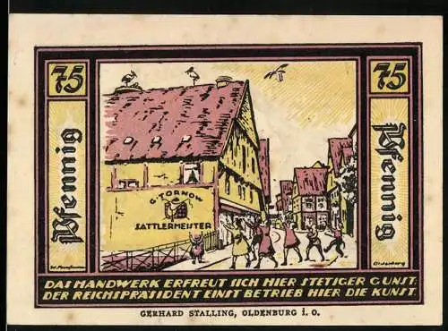 Notgeld Quakenbrück, 1921, 75 Pfennig, Darstellung einer Altstadt und eines Wappens mit Löwen