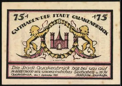 Notgeld Quakenbrück, 1921, 75 Pfennig, Darstellung einer Altstadt und eines Wappens mit Löwen