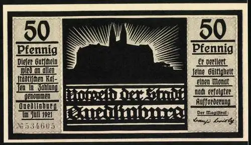 Notgeld Quedlinburg 1921, 50 Pfennig, Silhouette eines Mannes mit Vogel und Burgansicht bei Sonnenaufgang