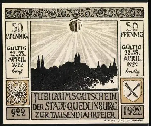 Notgeld Quedlinburg 1922, 50 Pfennig, Jubiläumsgutschein der Stadt Quedlinburg zur Tausendjahrfeier