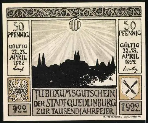 Notgeld Quedlinburg 1922, 50 Pfennig, König Heinrichs Grab, Stadt-Silhouette