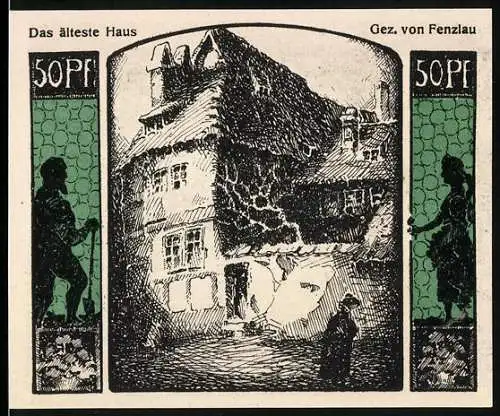 Notgeld Quedlinburg 1922, 50 Pfennig, Das älteste Haus und Jubiläumsgutschein zur Tausendjahrfeier